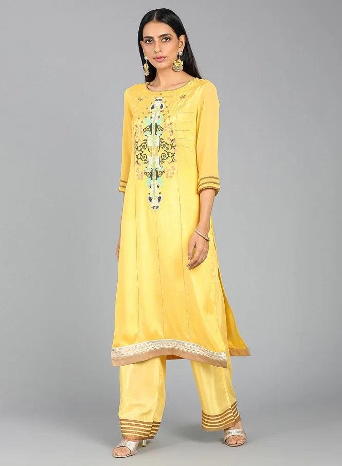 Yellow Round Neck Printed kurta - wforwoman