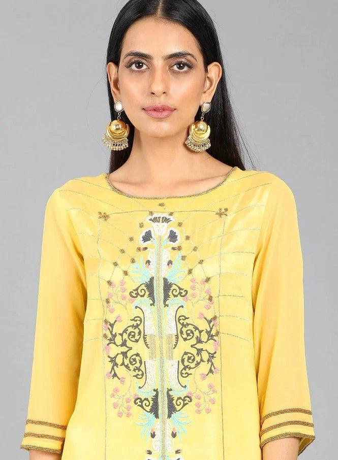 Yellow Round Neck Printed kurta - wforwoman