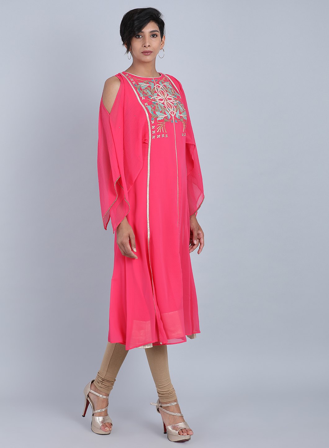 Pink Round Neck Embellished kurta