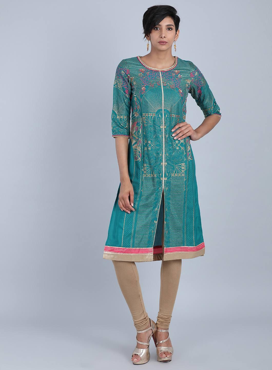 Green Round Neck Printed kurta - wforwoman