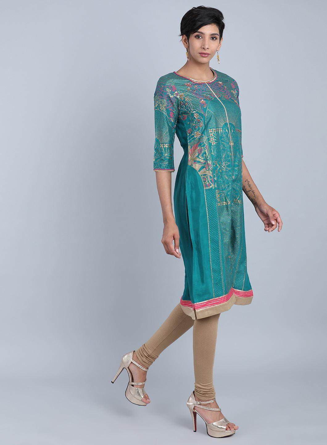 Green Round Neck Printed kurta - wforwoman