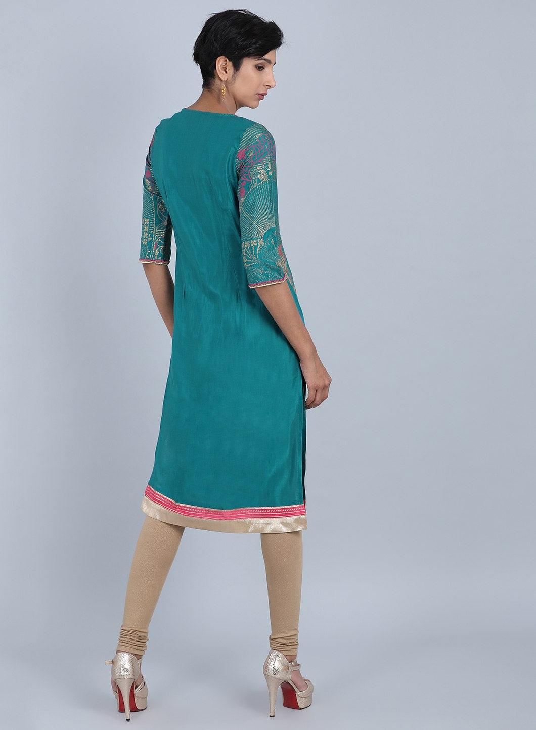 Green Round Neck Printed kurta - wforwoman