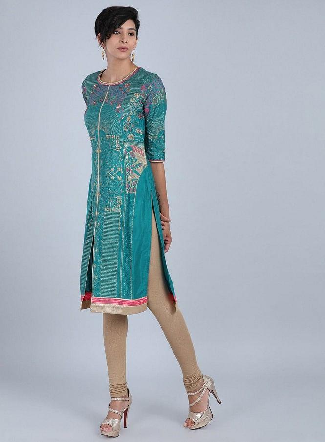 Green Round Neck Printed kurta - wforwoman