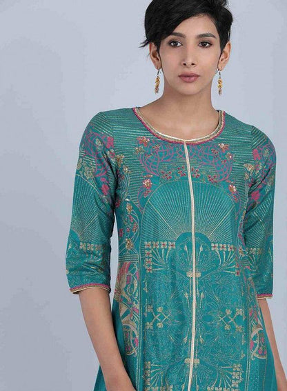 Green Round Neck Printed kurta - wforwoman