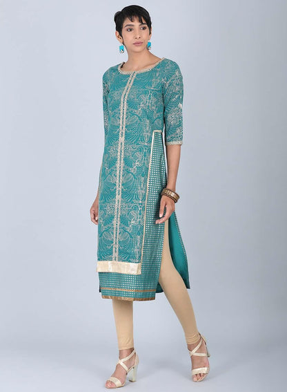 Green Round Neck Embellished kurta - wforwoman