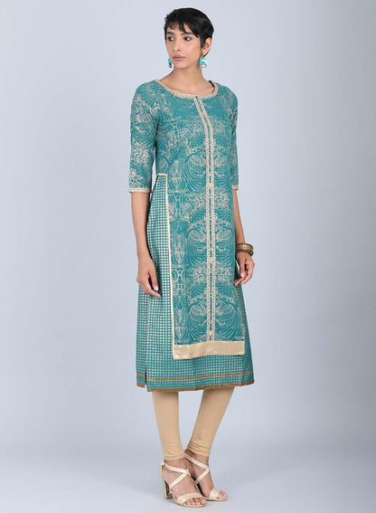 Green Round Neck Embellished kurta - wforwoman