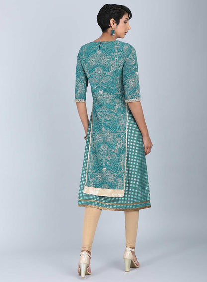 Green Round Neck Embellished kurta - wforwoman