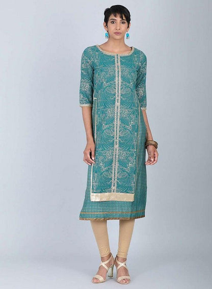 Green Round Neck Embellished kurta - wforwoman