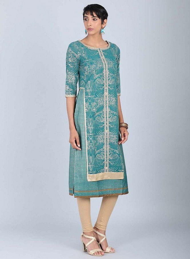 Green Round Neck Embellished kurta - wforwoman