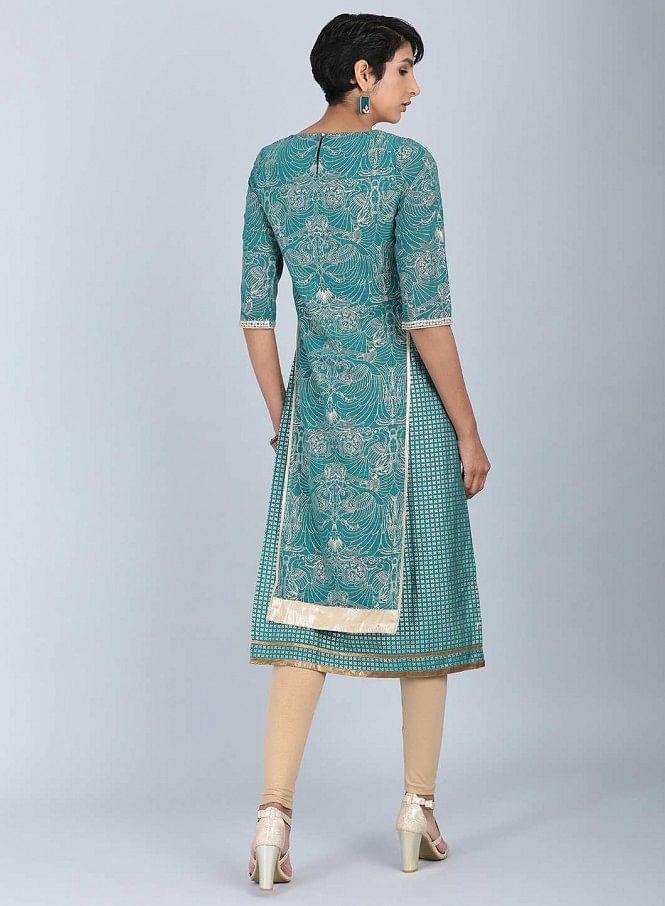 Green Round Neck Embellished kurta - wforwoman