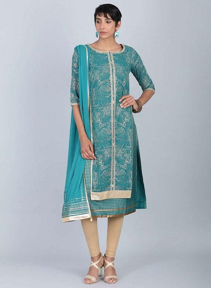 Green Round Neck Embellished kurta - wforwoman