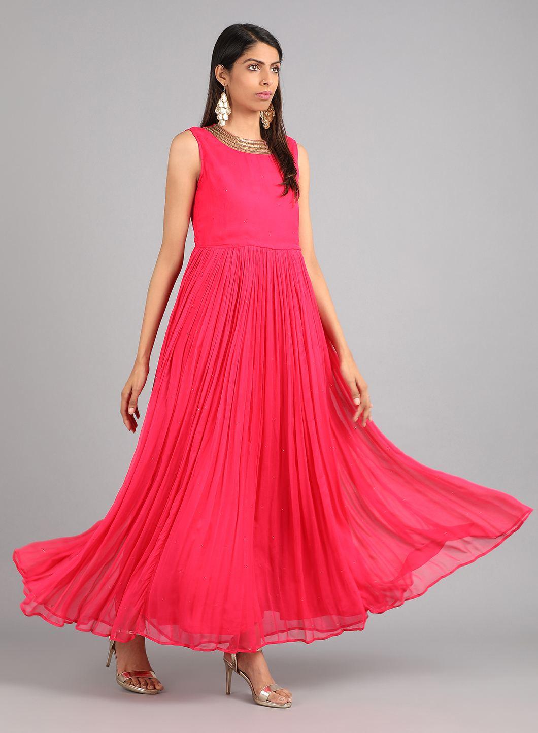 Pink Round Neck Solid kurta Dress - wforwoman