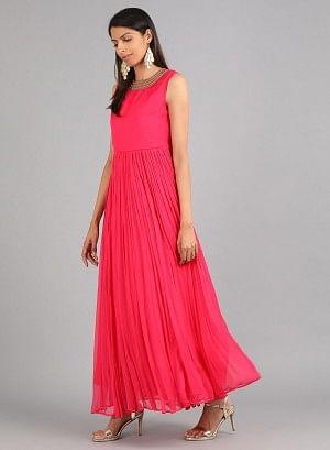 Pink Round Neck Solid kurta Dress - wforwoman