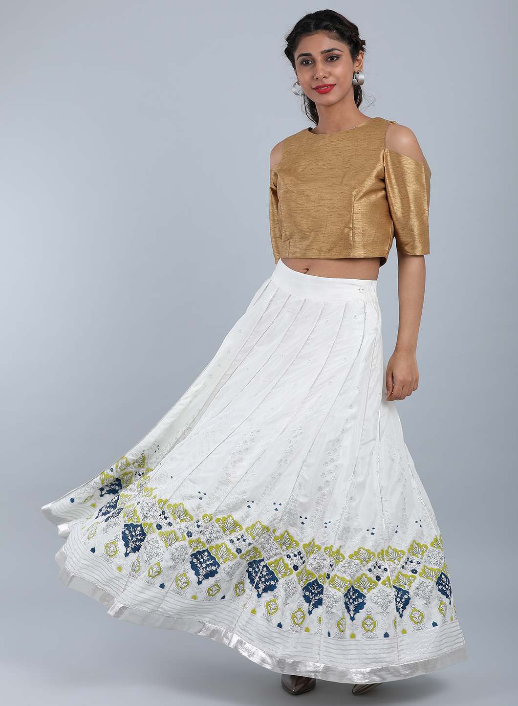 Ecru Printed Panelled Skirt