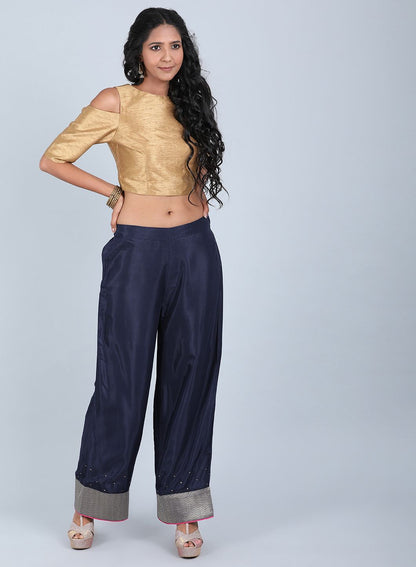 Blue Solid Straight Pants