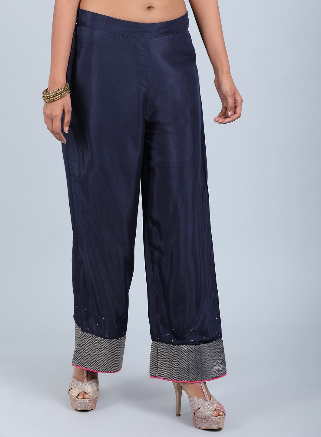 Blue Solid Straight Pants