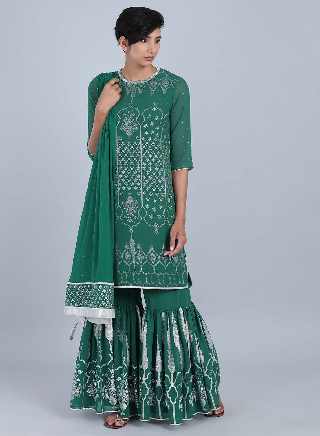 Green Round Neck Printed kurta Set