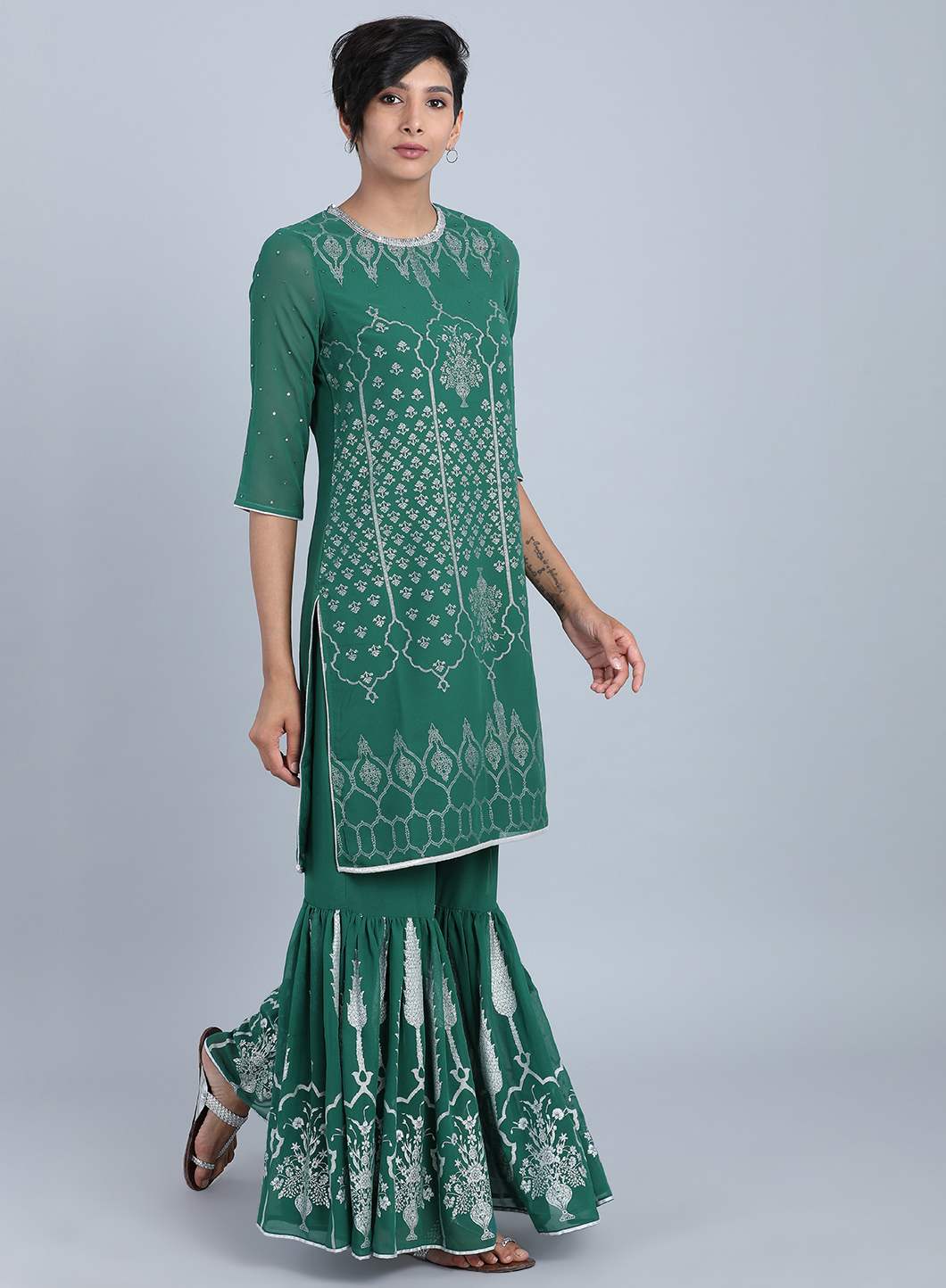 Green Round Neck Printed kurta Set