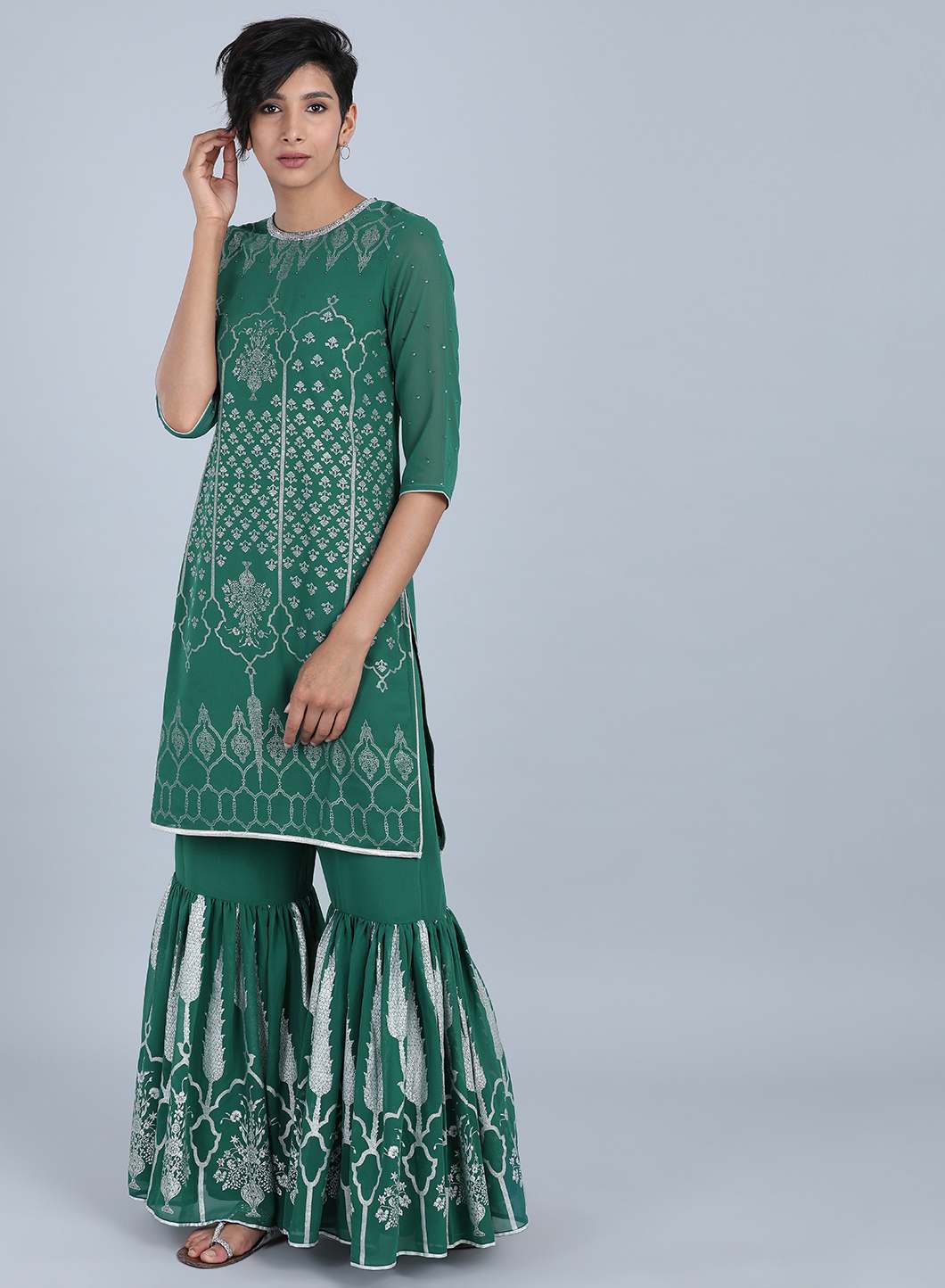 Green Round Neck Printed kurta Set