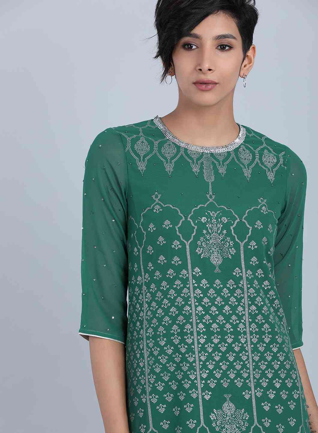 Green Round Neck Printed kurta Set