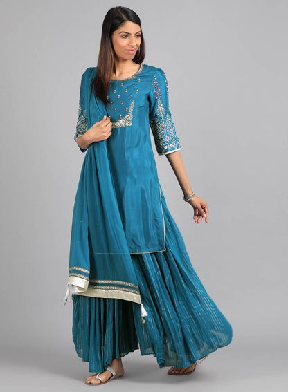 Blue Round Neck Embellished kurta Set - wforwoman