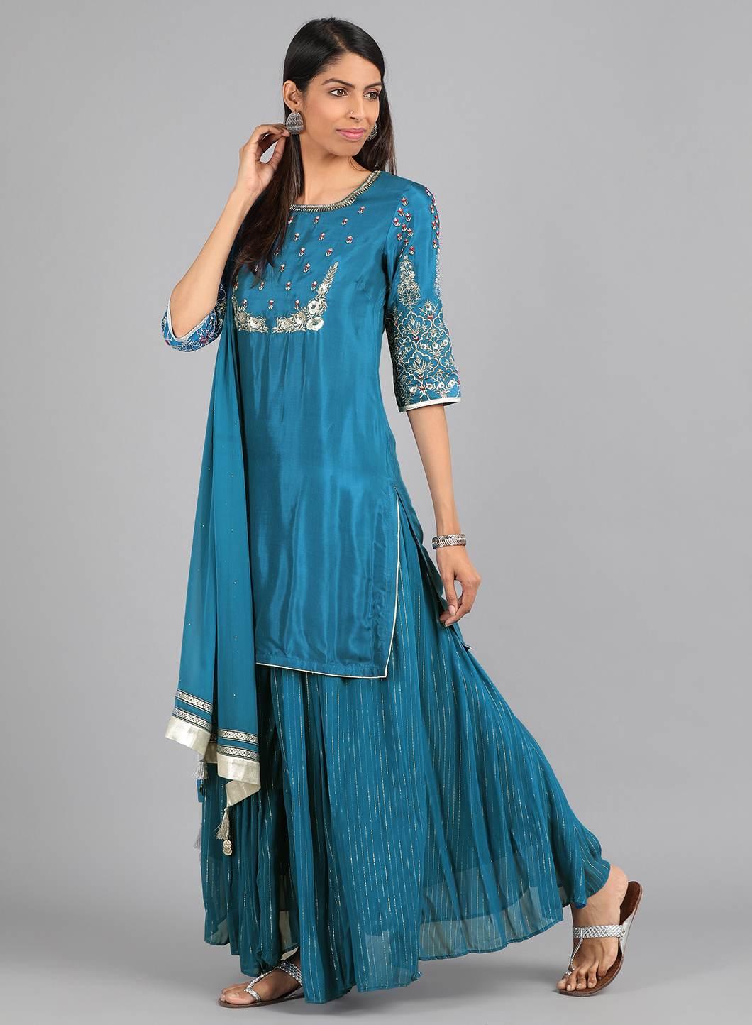 Blue Round Neck Embellished kurta Set - wforwoman