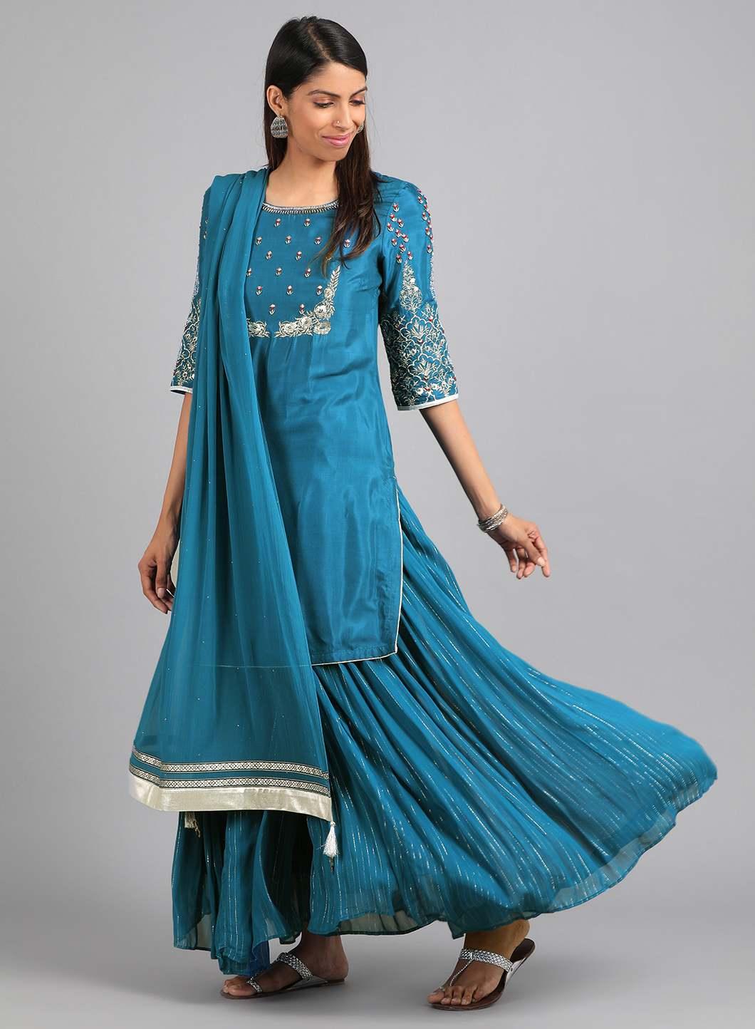 Blue Round Neck Embellished kurta Set - wforwoman