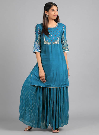 Blue Round Neck Embellished kurta Set - wforwoman