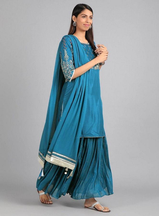 Blue Round Neck Embellished kurta Set - wforwoman