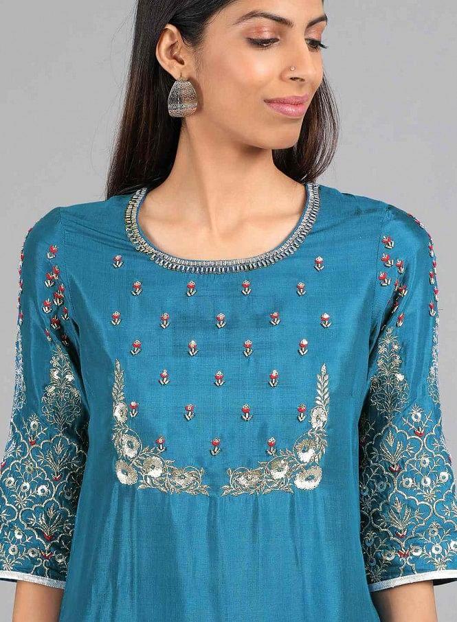 Blue Round Neck Embellished kurta Set - wforwoman