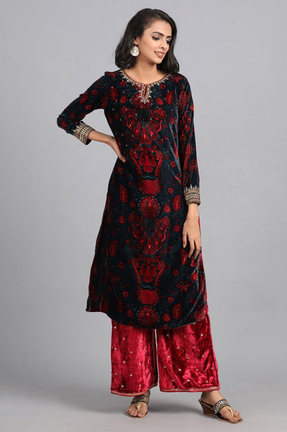 Blue Round Neck Printed Winter kurta - wforwoman