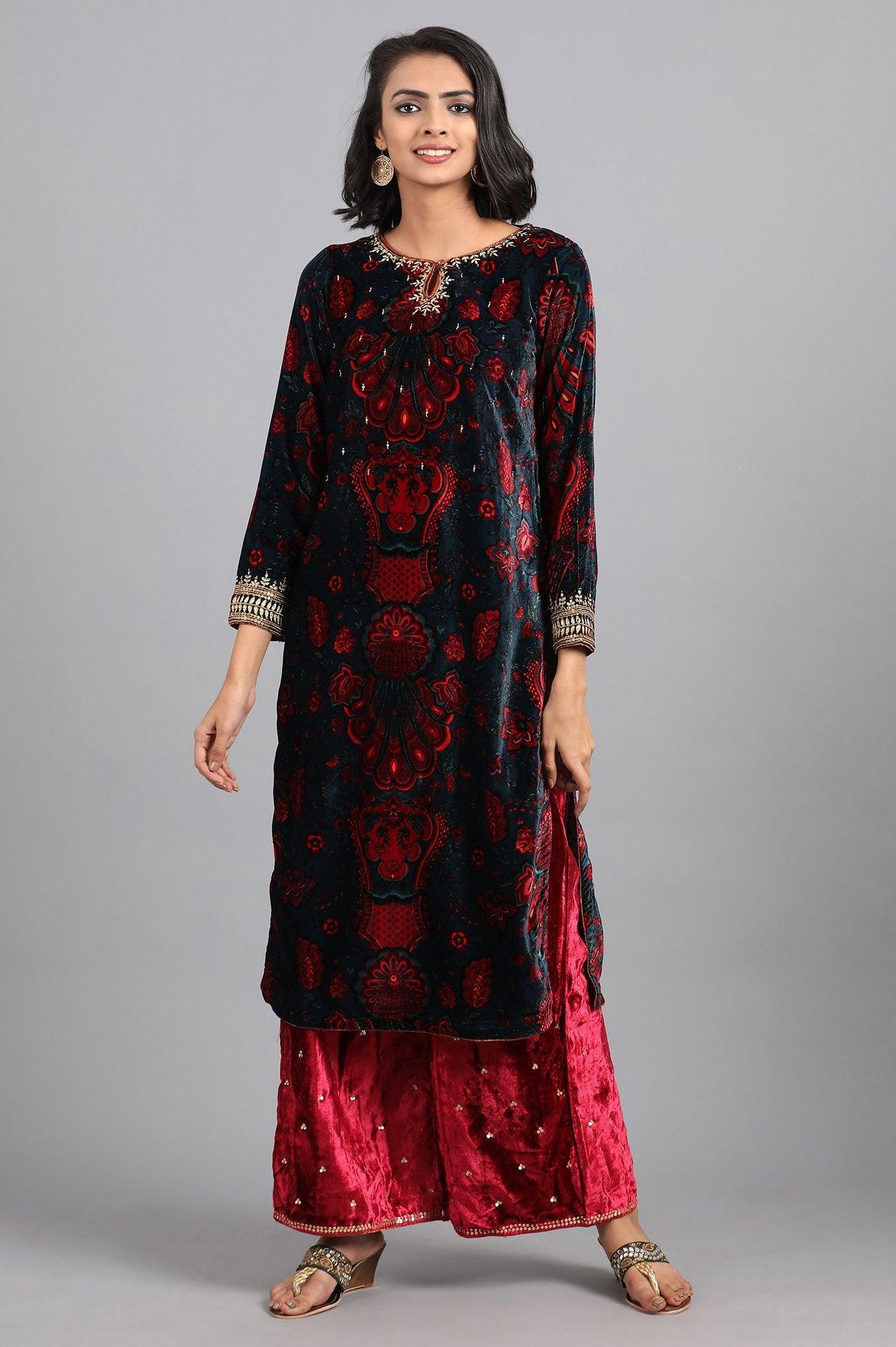 Blue Round Neck Printed Winter kurta - wforwoman