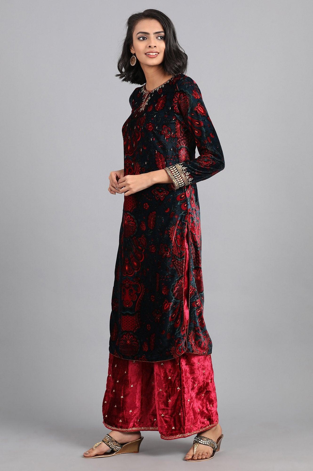 Blue Round Neck Printed Winter kurta - wforwoman