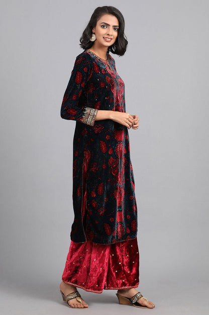 Blue Round Neck Printed Winter kurta - wforwoman