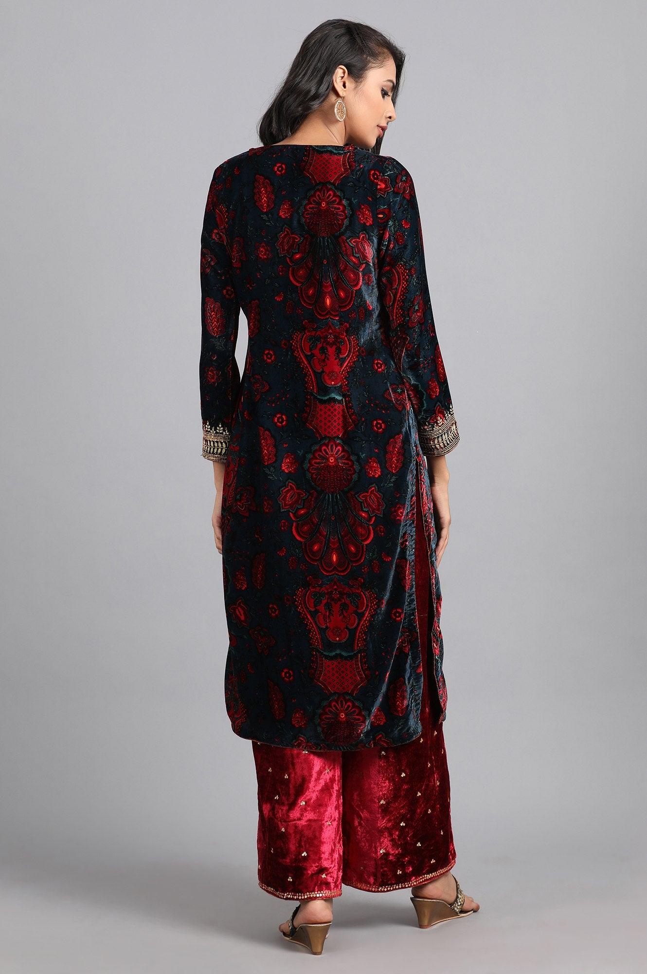 Blue Round Neck Printed Winter kurta - wforwoman