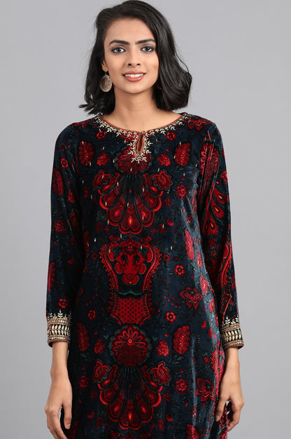 Blue Round Neck Printed Winter kurta - wforwoman