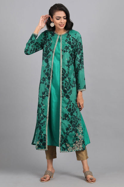 Green Round Neck Embellished Winter kurta - wforwoman