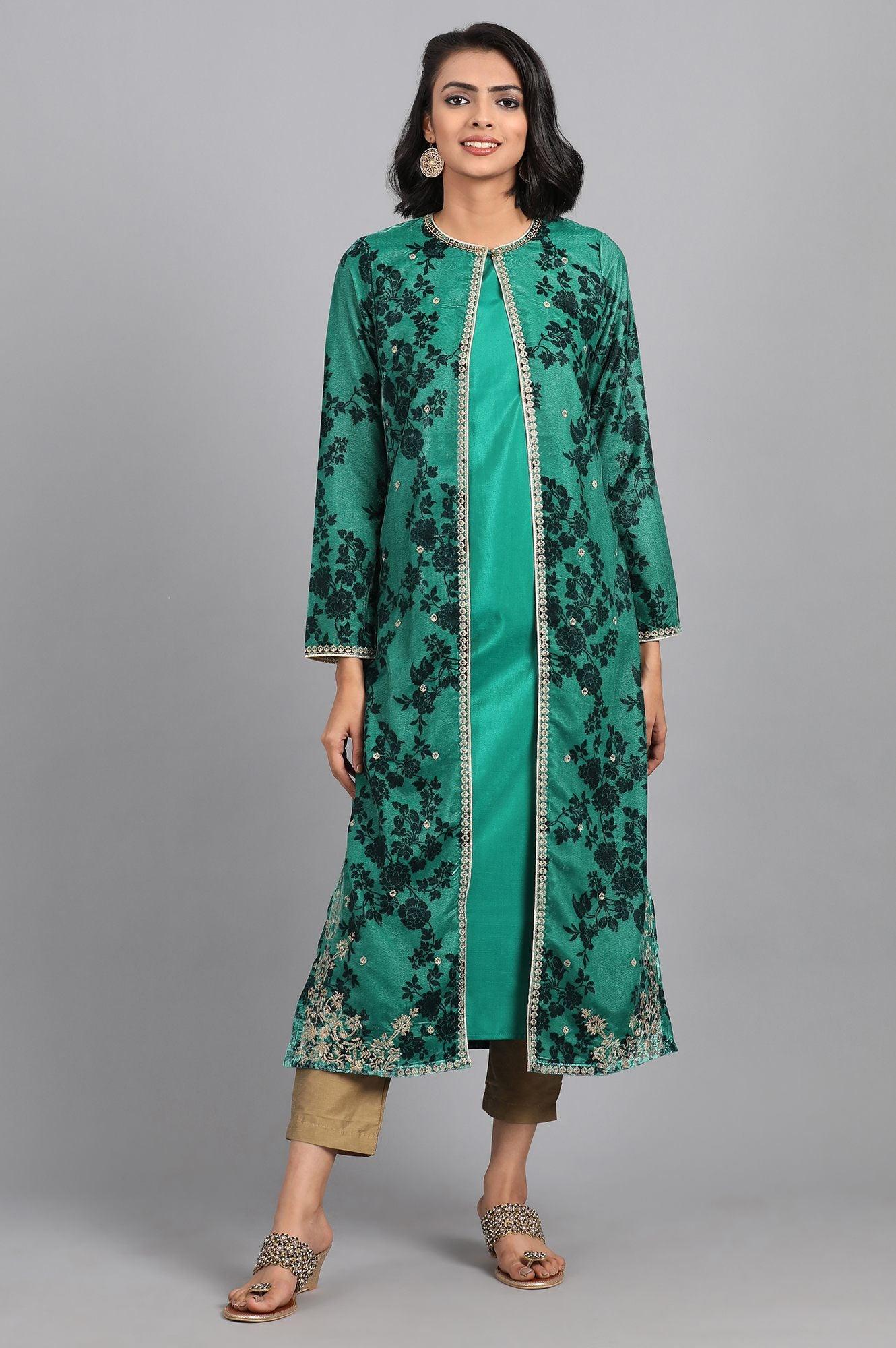 Green Round Neck Embellished Winter kurta - wforwoman