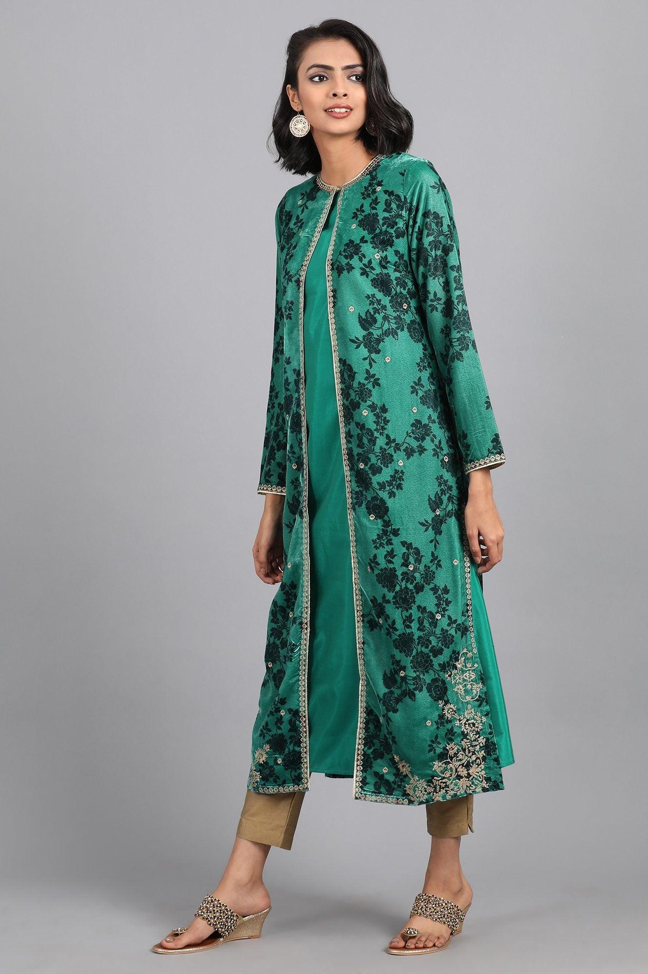 Green Round Neck Embellished Winter kurta - wforwoman