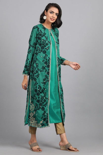 Green Round Neck Embellished Winter kurta - wforwoman