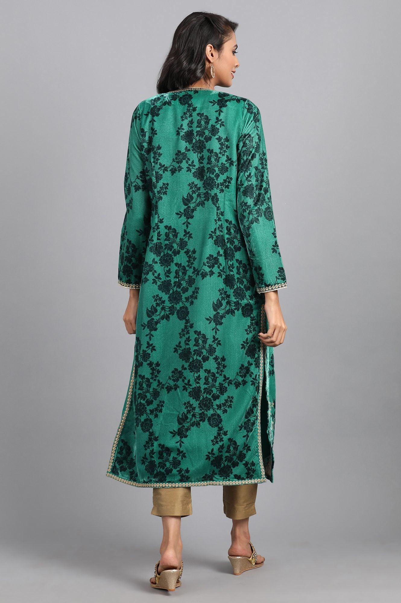 Green Round Neck Embellished Winter kurta - wforwoman