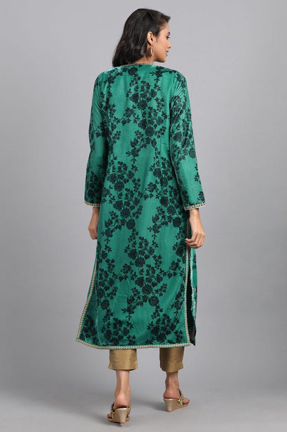 Green Round Neck Embellished Winter kurta - wforwoman