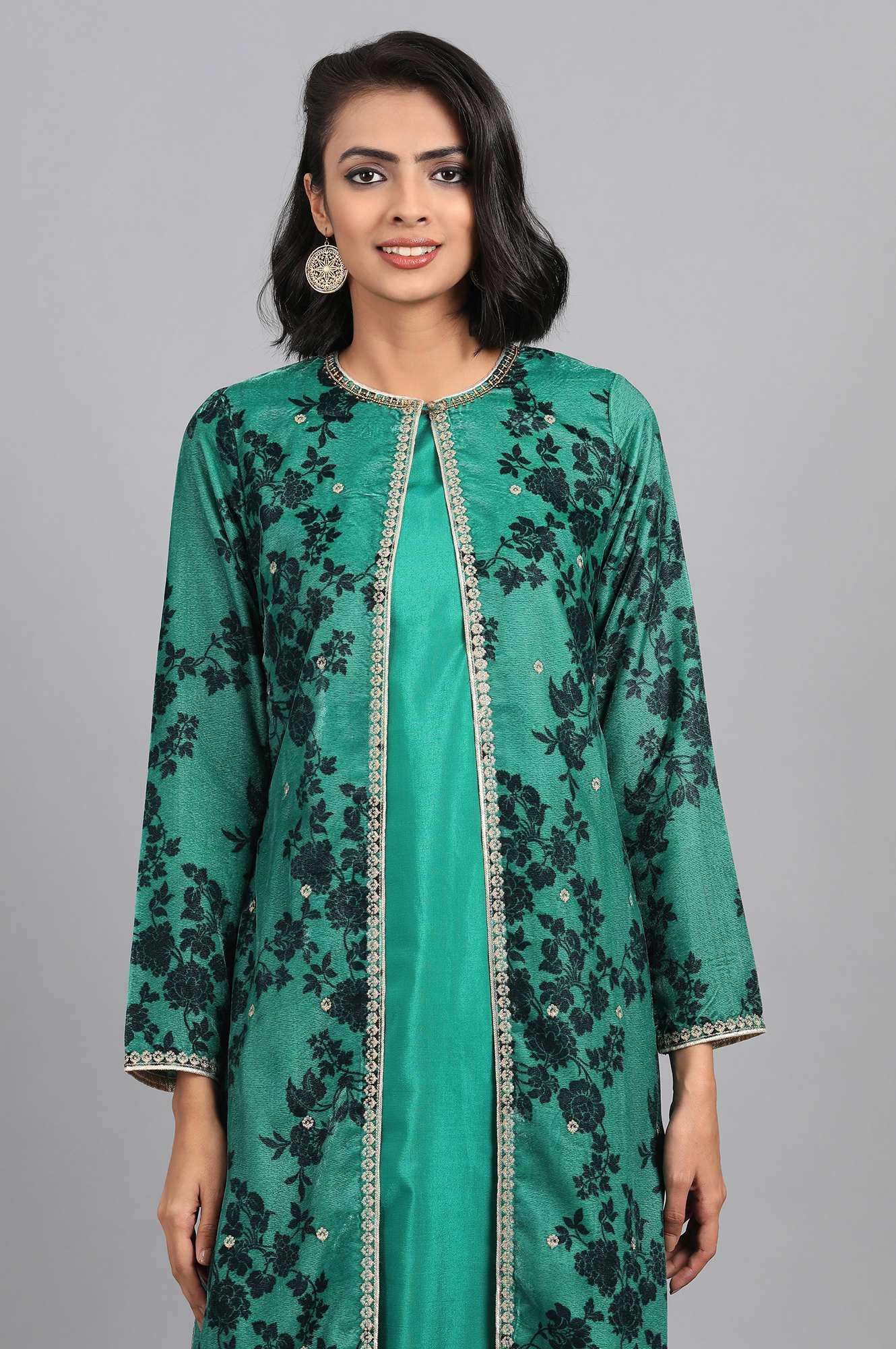 Green Round Neck Embellished Winter kurta - wforwoman