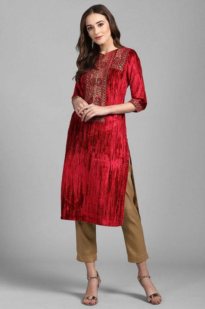 Red Round Neck Velvet Winter kurta - wforwoman