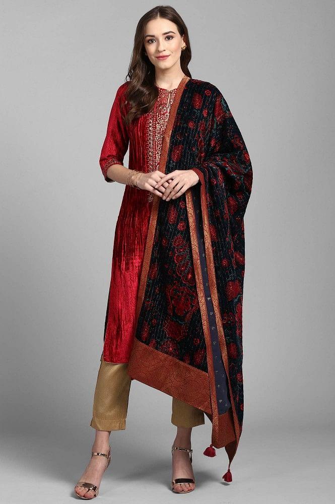 Red Round Neck Velvet Winter kurta - wforwoman