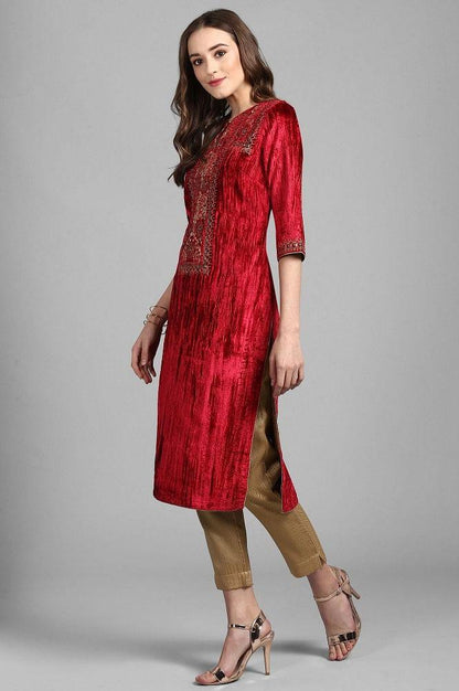 Red Round Neck Velvet Winter kurta - wforwoman