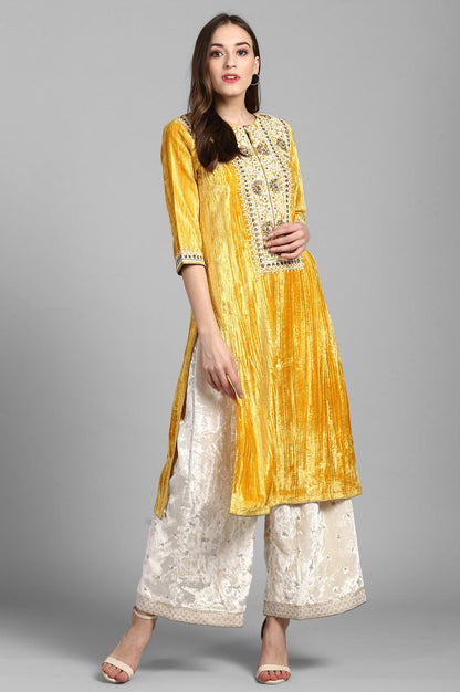 Yellow Round Neck Velvet Winter kurta