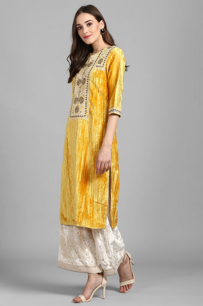 Yellow Round Neck Velvet Winter kurta