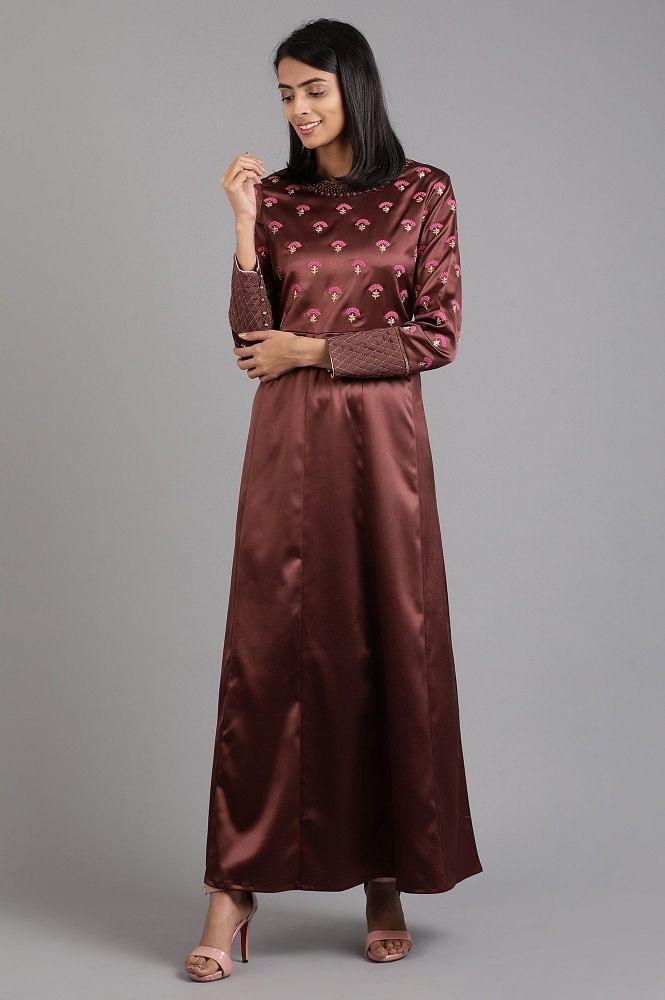 Brown Round Neck Solid Winter kurta - wforwoman