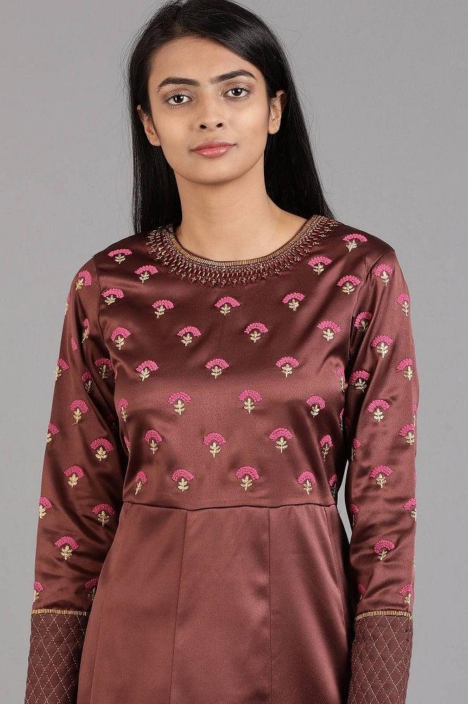 Brown Round Neck Solid Winter kurta - wforwoman